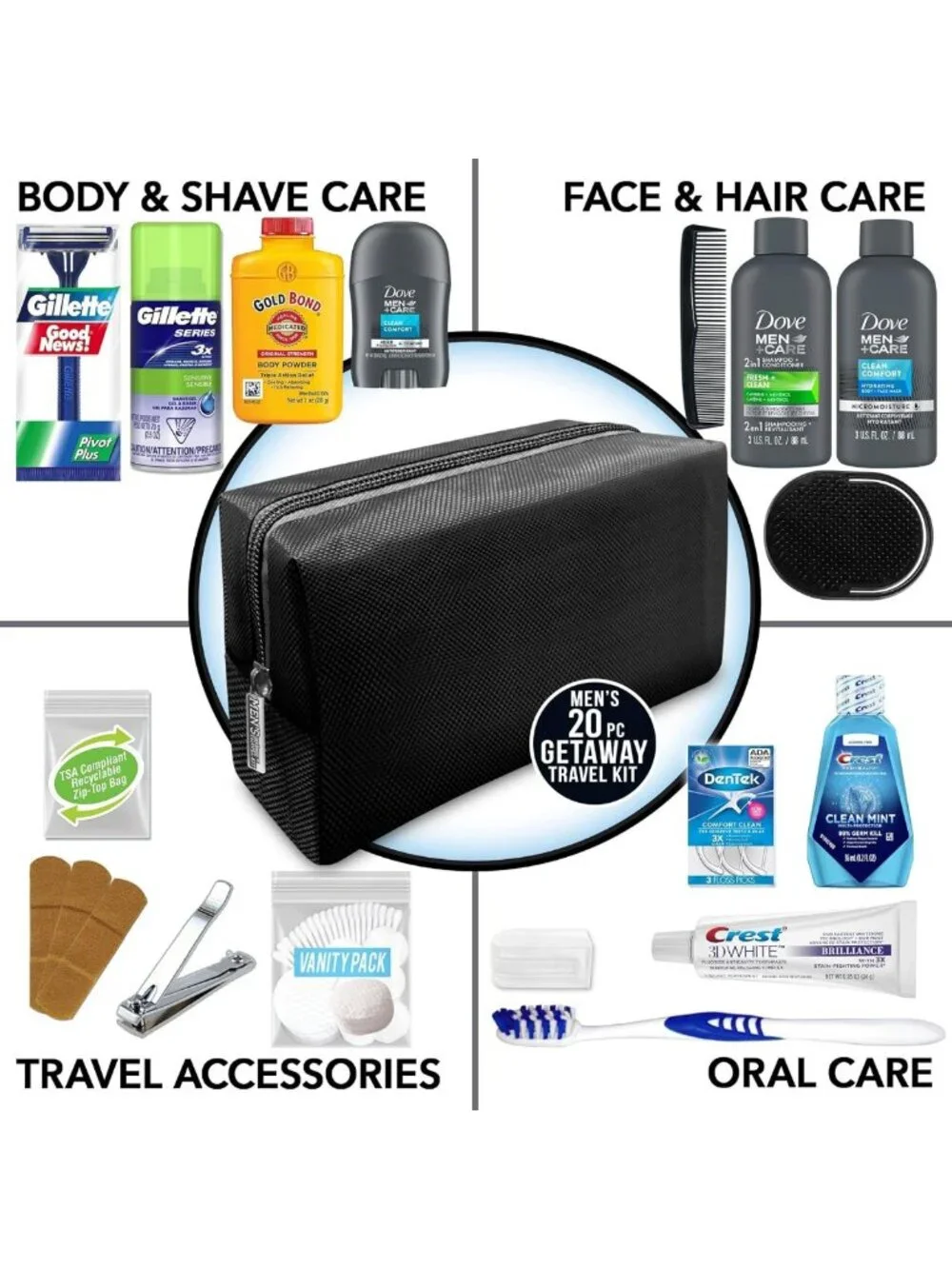 Men's 20-Piece Travel Kit - TSA Compliant Essentials in Stylish Dopp Bag